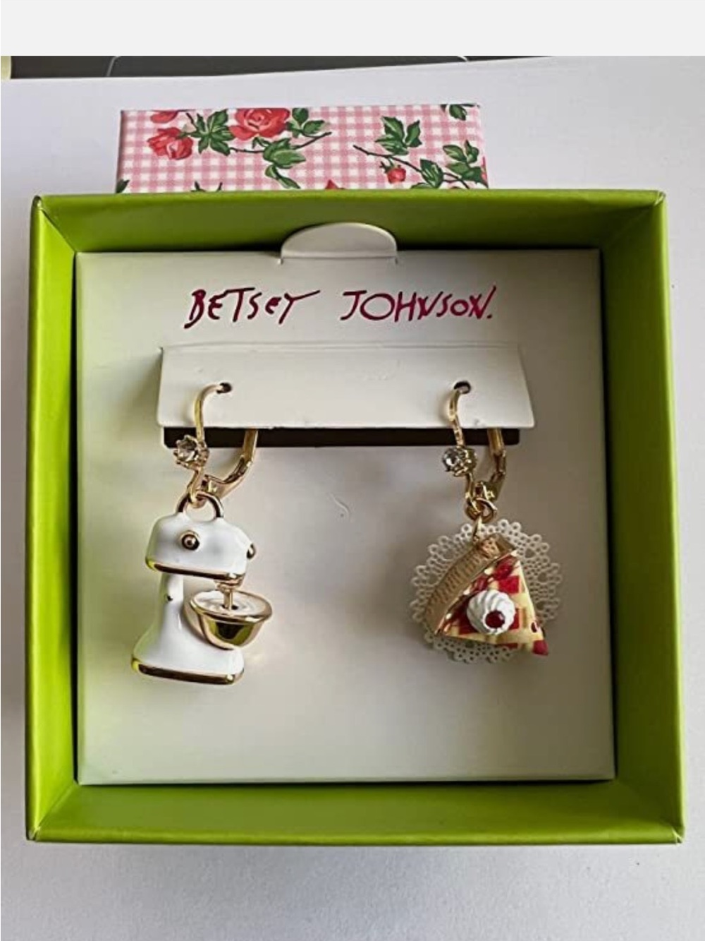 Betsey Johnson White Mixer & cherry pie Slice Charm Hoop Earrings - White/Gold